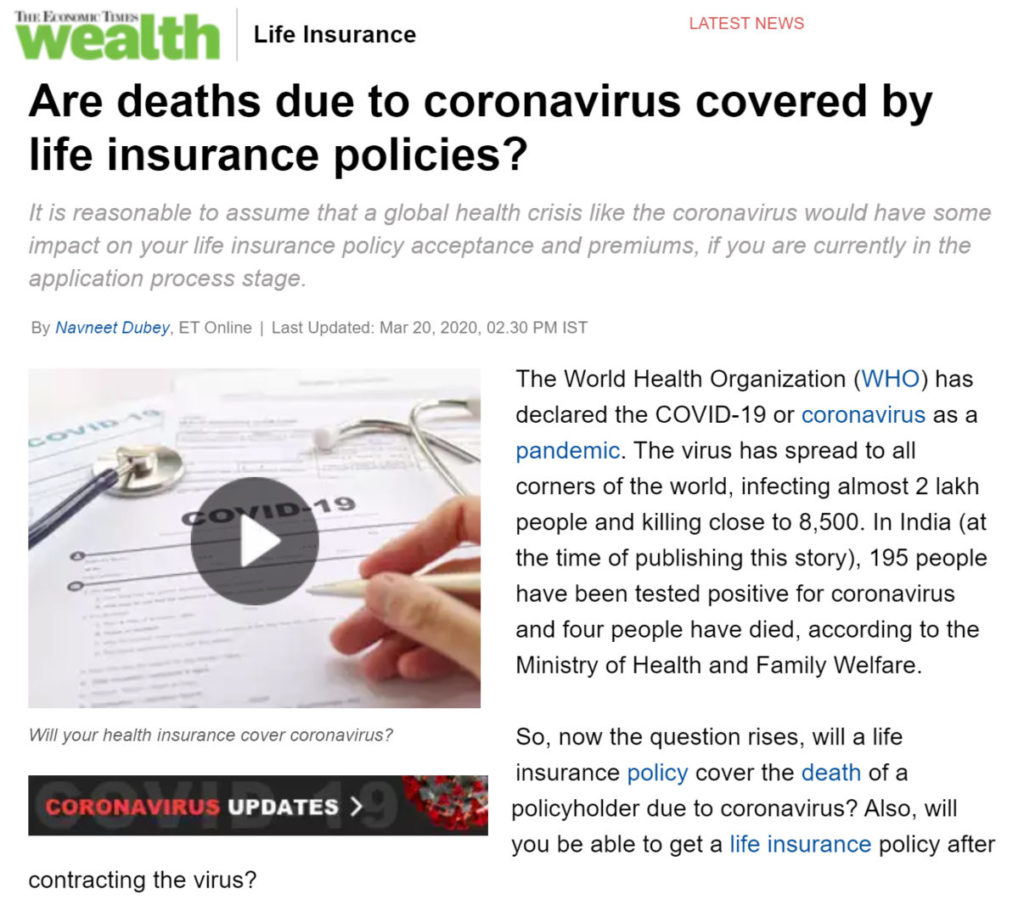 As Seen In Economic Times: Are deaths due to coronavirus covered by life insurance policies?