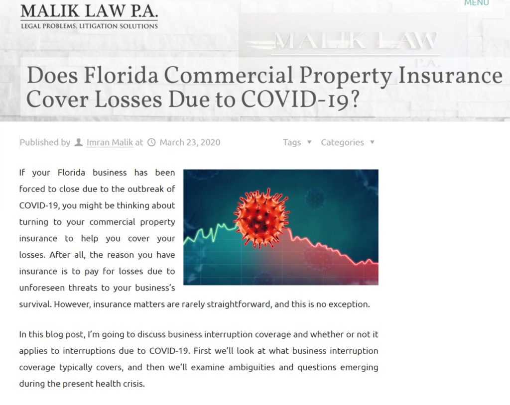 As Seen on Imaliklaw.com: Does Florida Commercial Property Insurance Cover Losses Due to COVID-19?