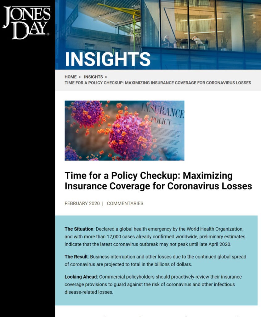 As Seen on Jonesday.com: Time for a Insurance Policy Checkup &#8211; Maximizing Insurance Coverage for Coronavirus Losses