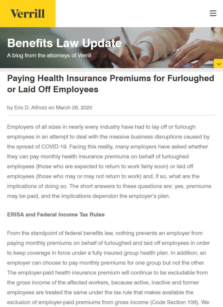 Benefits Law Update by Verrill: Paying Health Insurance Premiums for Furloughed or Laid Off Employees